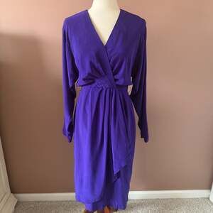 Vintage Gillian 100% Silk Purple Surplice Draped Midi Dress